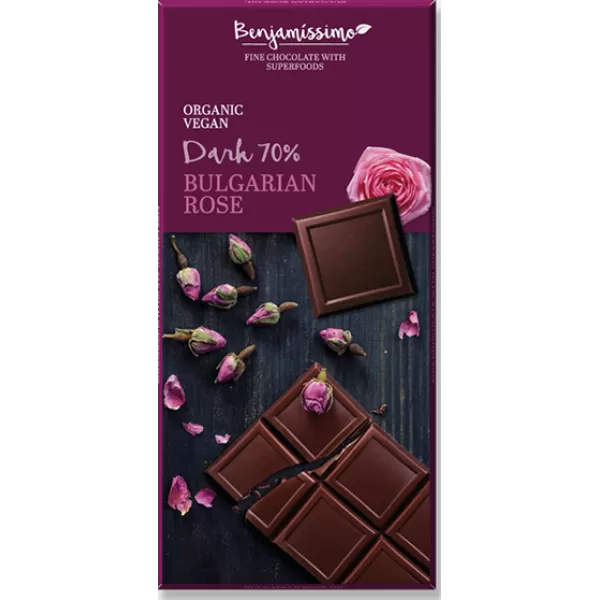 Benjamissimio bio vegán fekete csokoládé bolgár rózsavízzel 70 g