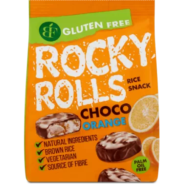 Rocky Rolls narancs ízű puffasztott rizs korong csoki bevona 70 g